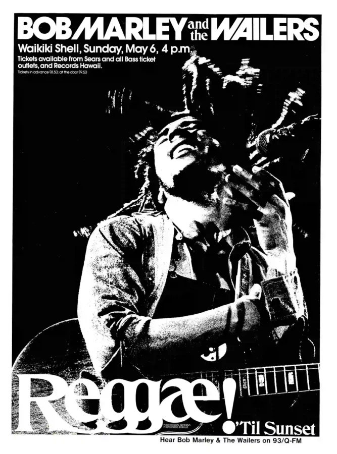 Bob Marley & the Wailers 1979 Honolulu, Hawaii Concert Poster featuring black, white, and charcoal vertical artwork.