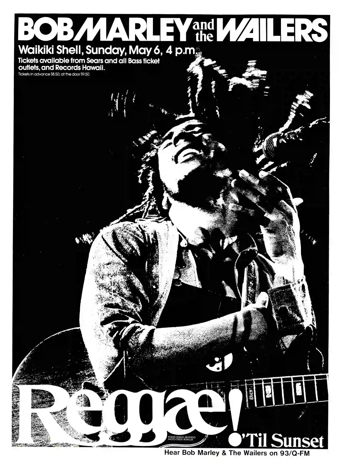 Bob Marley & the Wailers 1979 Honolulu, Hawaii Concert Poster featuring black, white, and charcoal vertical artwork.
