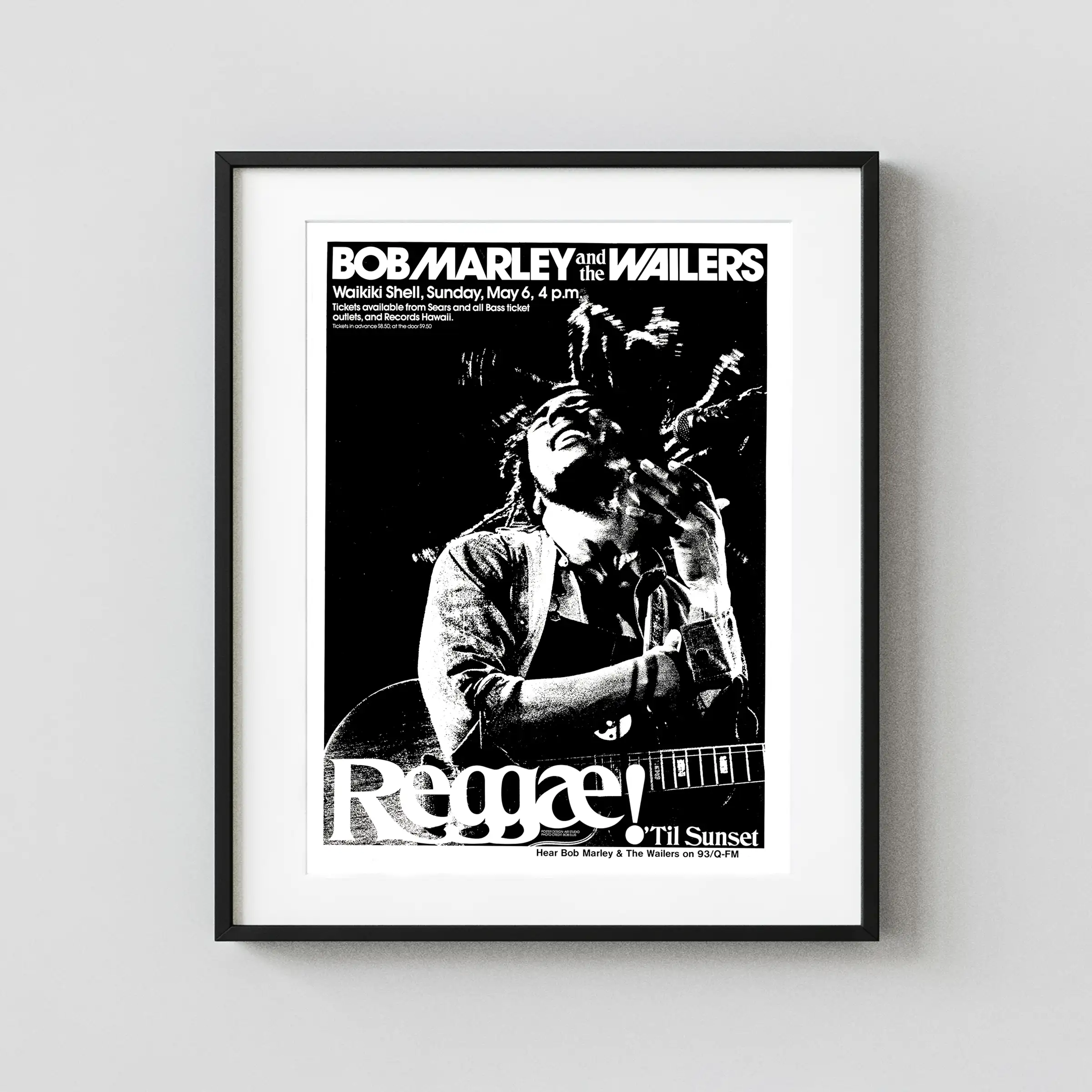 Bob Marley & the Wailers 1979 Honolulu, Hawaii Concert Poster featuring black, white, and charcoal vertical artwork.