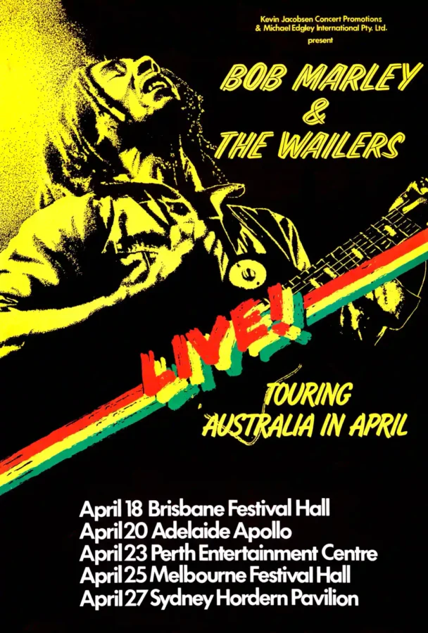 Bob Marley & the Wailers 1979 Multi-Date Australian Concert Poster featuring black, white, and yellow vertical artwork.