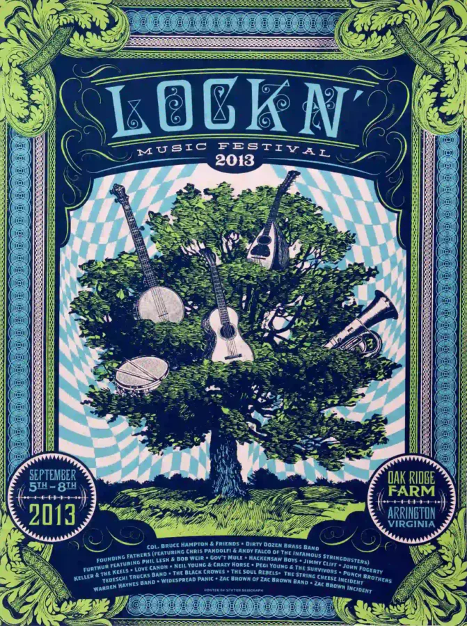 Bob Weir, Phil Lesh, Neil Young, John Fogerty poster with navy, green, and white artwork and period lettering.