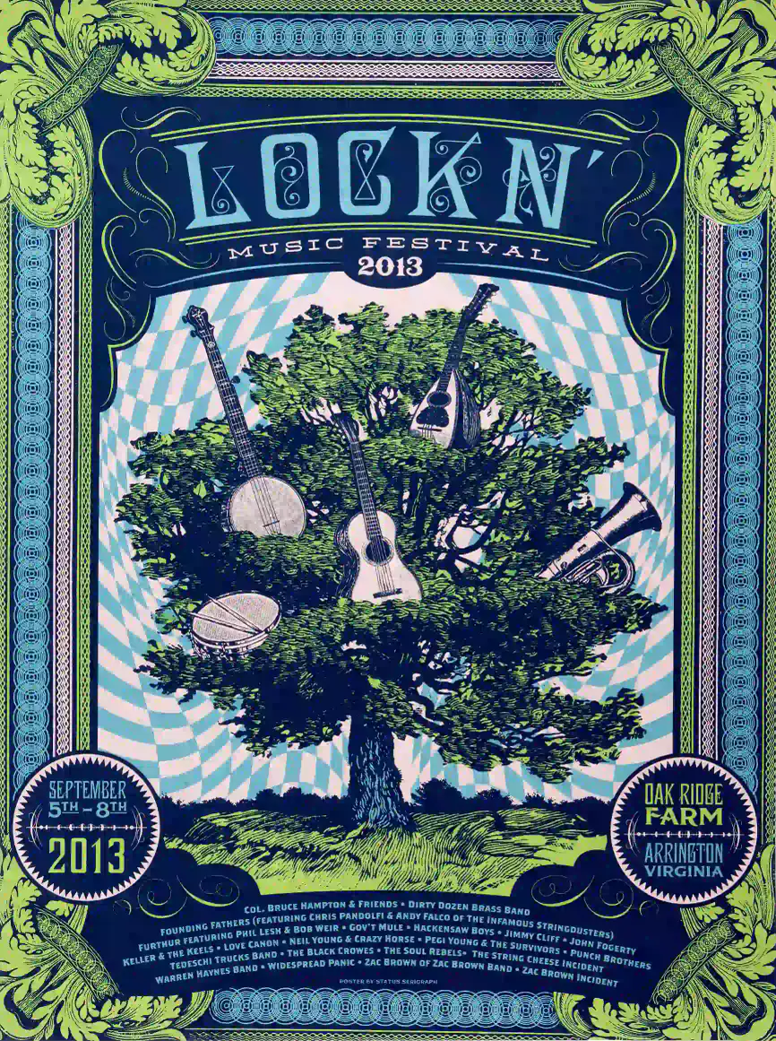 Bob Weir, Phil Lesh, Neil Young, John Fogerty poster with navy, green, and white artwork and period lettering.
