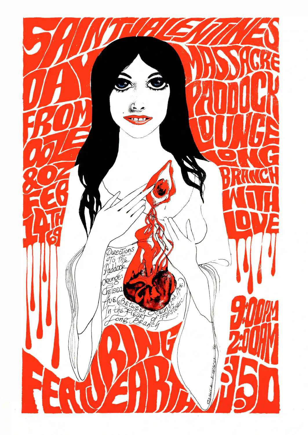 Bruce Springsteen 1969 Early New Jersey Concert Poster featuring white, red, and black vertical artwork.