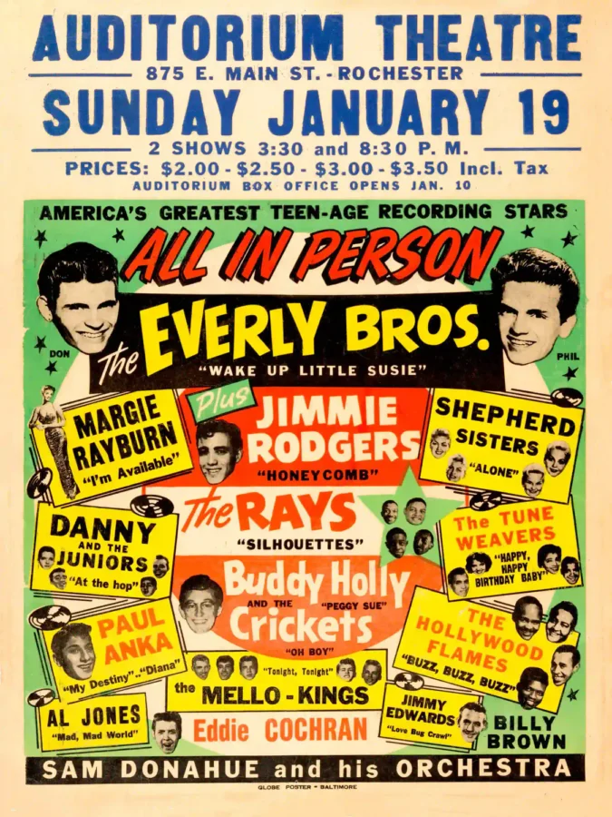 Buddy Holly & the Crickets, Everly Brothers poster with orange, white, and light gray artwork and period lettering.