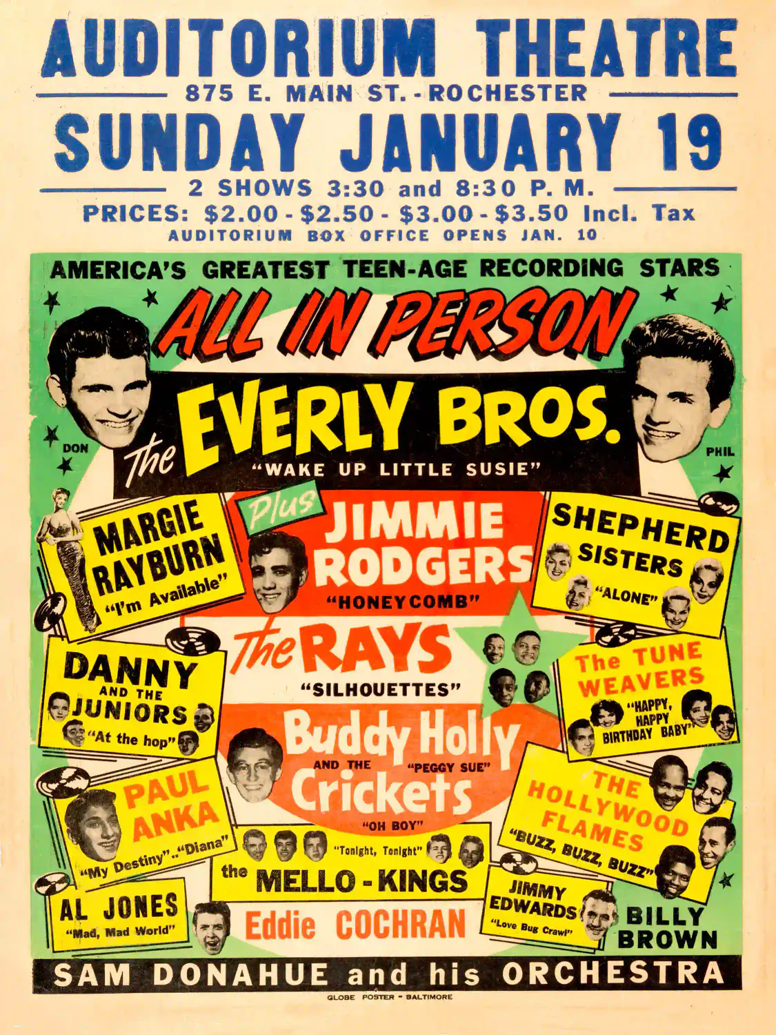 Buddy Holly & the Crickets, Everly Brothers poster with orange, white, and light gray artwork and period lettering.