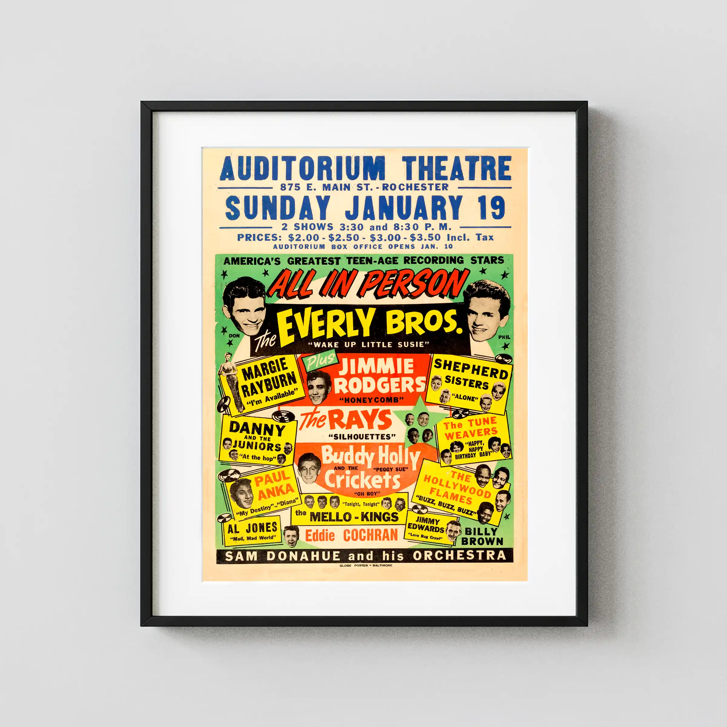 Buddy Holly & the Crickets, Everly Brothers poster with orange, white, and light gray artwork and period lettering.