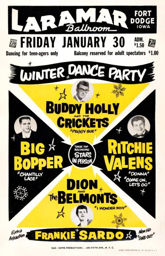 Buddy Holly & the Crickets 1959 "Winter Dance Party" Concert Poster featuring white, black, and gray vertical artwork.