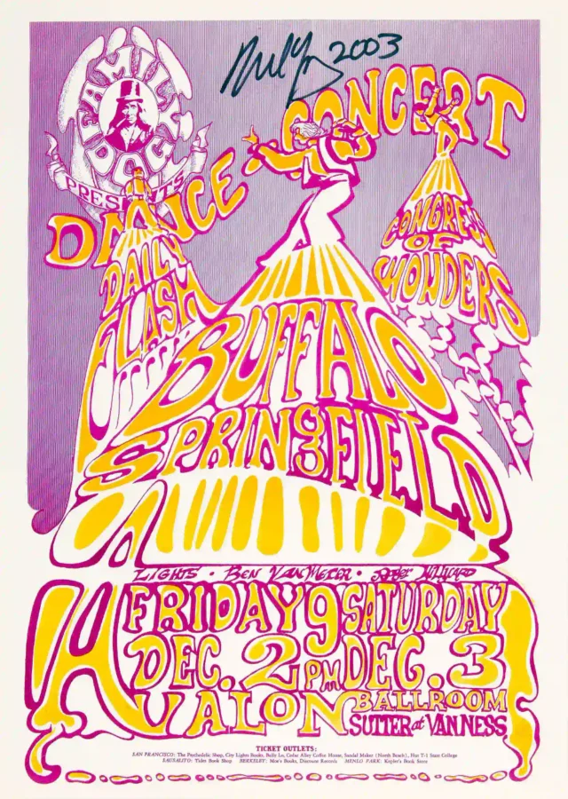 Buffalo Springfield 1966 Avalon Poster featuring pink, white, and orange vertical artwork.