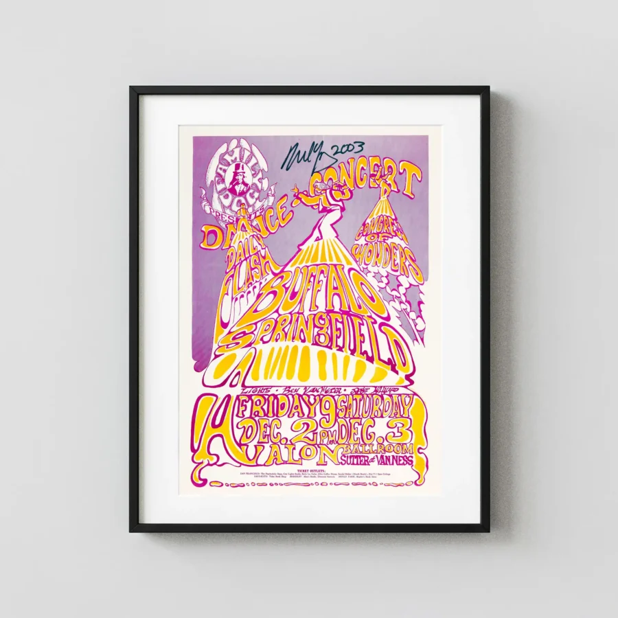 Buffalo Springfield 1966 Avalon Poster featuring pink, white, and orange vertical artwork.