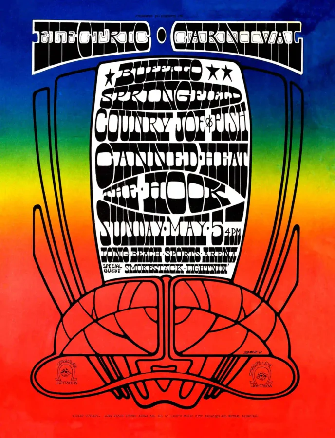 Buffalo Springfield 1968 Concert Poster featuring red, slate gray, and white vertical artwork.