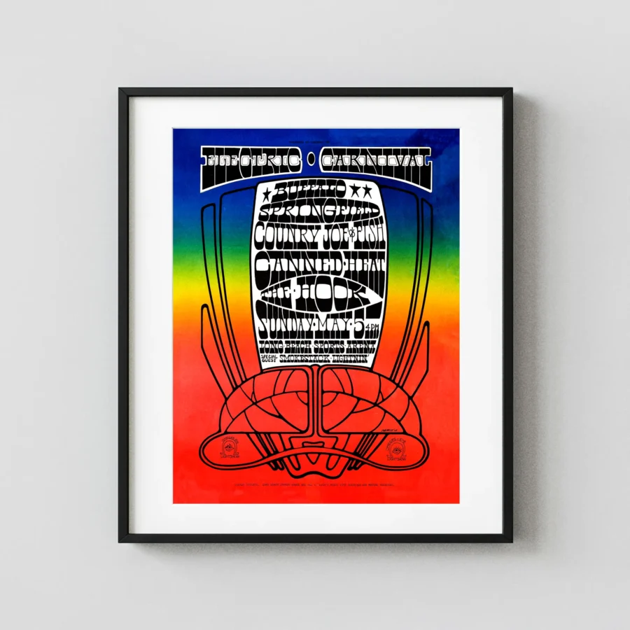 Buffalo Springfield 1968 Concert Poster featuring red, slate gray, and white vertical artwork.