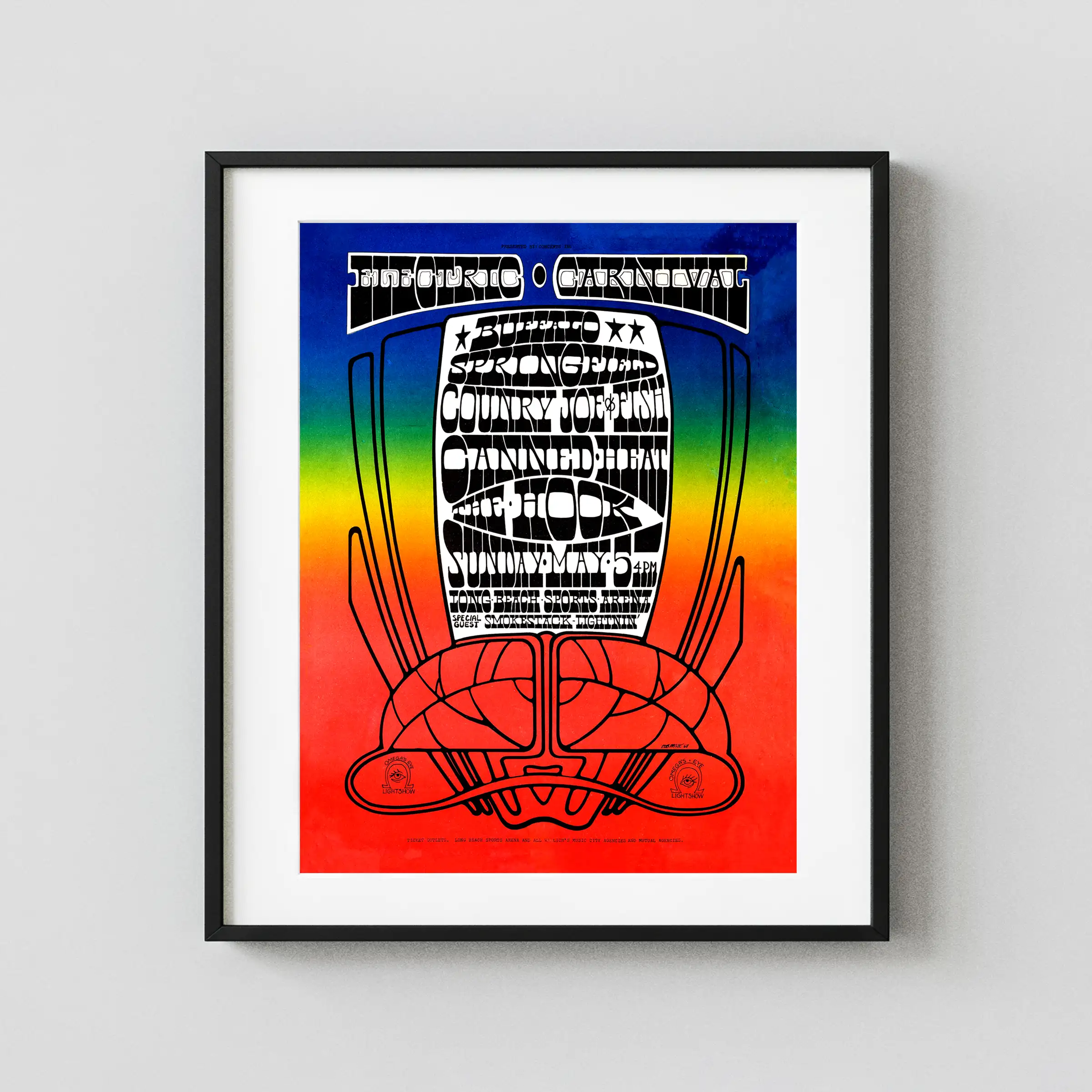 Buffalo Springfield 1968 Concert Poster featuring red, slate gray, and white vertical artwork.