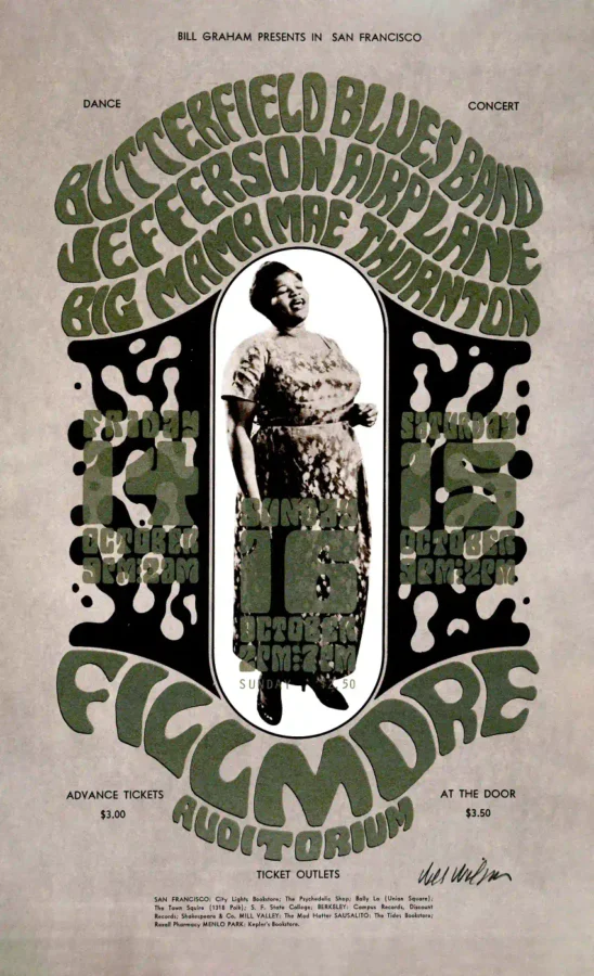 Butterfield, Airplane, Big Mama 1966 San Francisco Poster featuring red, yellow, and gray vertical artwork.