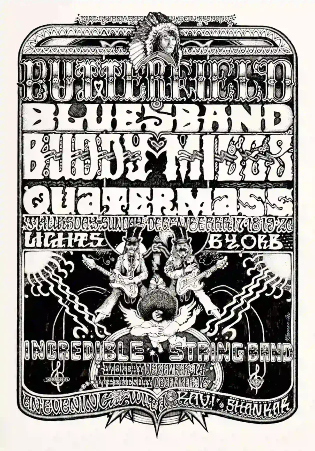 Butterfield Blues Band, Buddy Miles Fillmore West Poster featuring gray, white, and light gray vertical artwork.