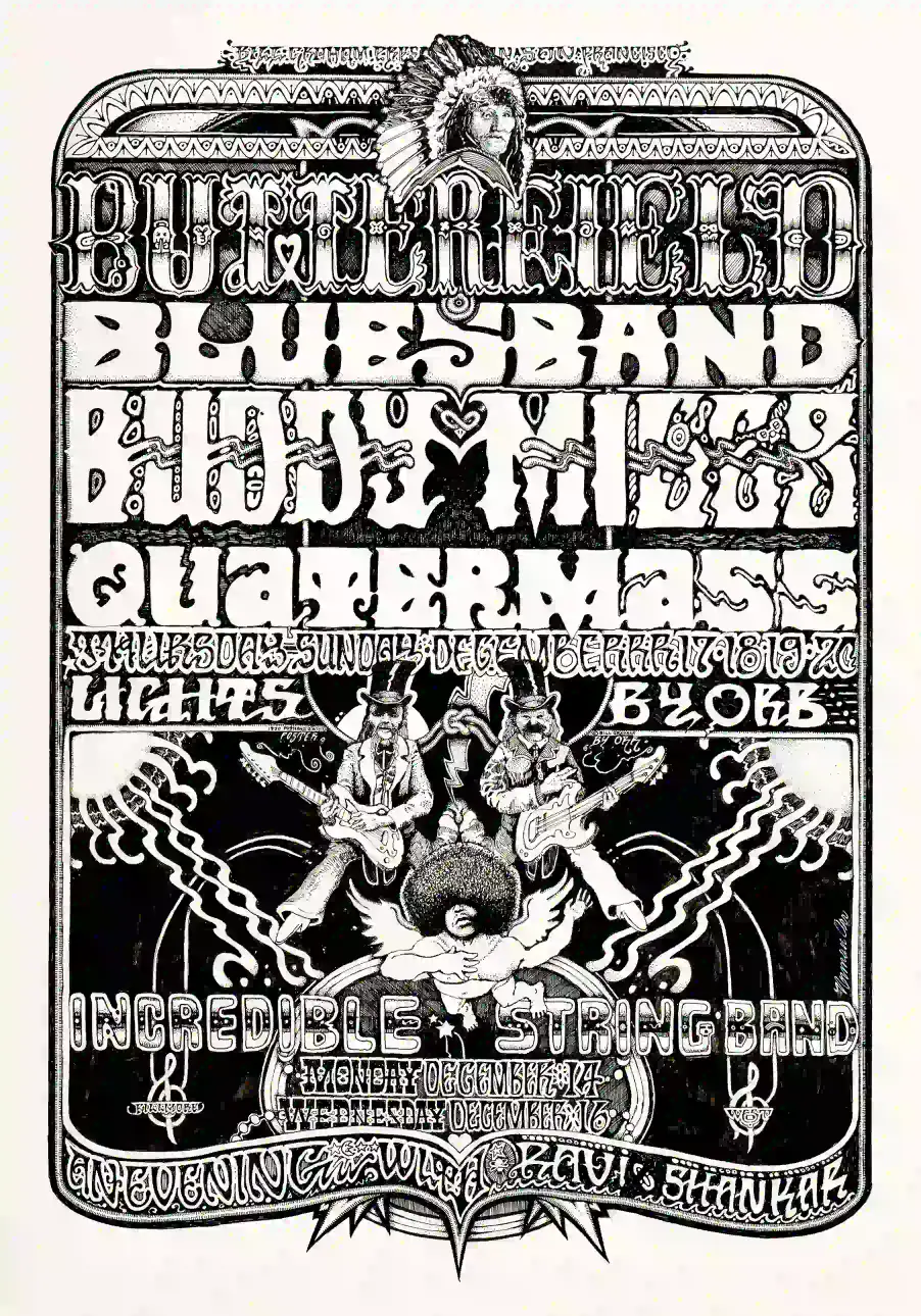 Butterfield Blues Band, Buddy Miles Fillmore West Poster featuring gray, white, and light gray vertical artwork.