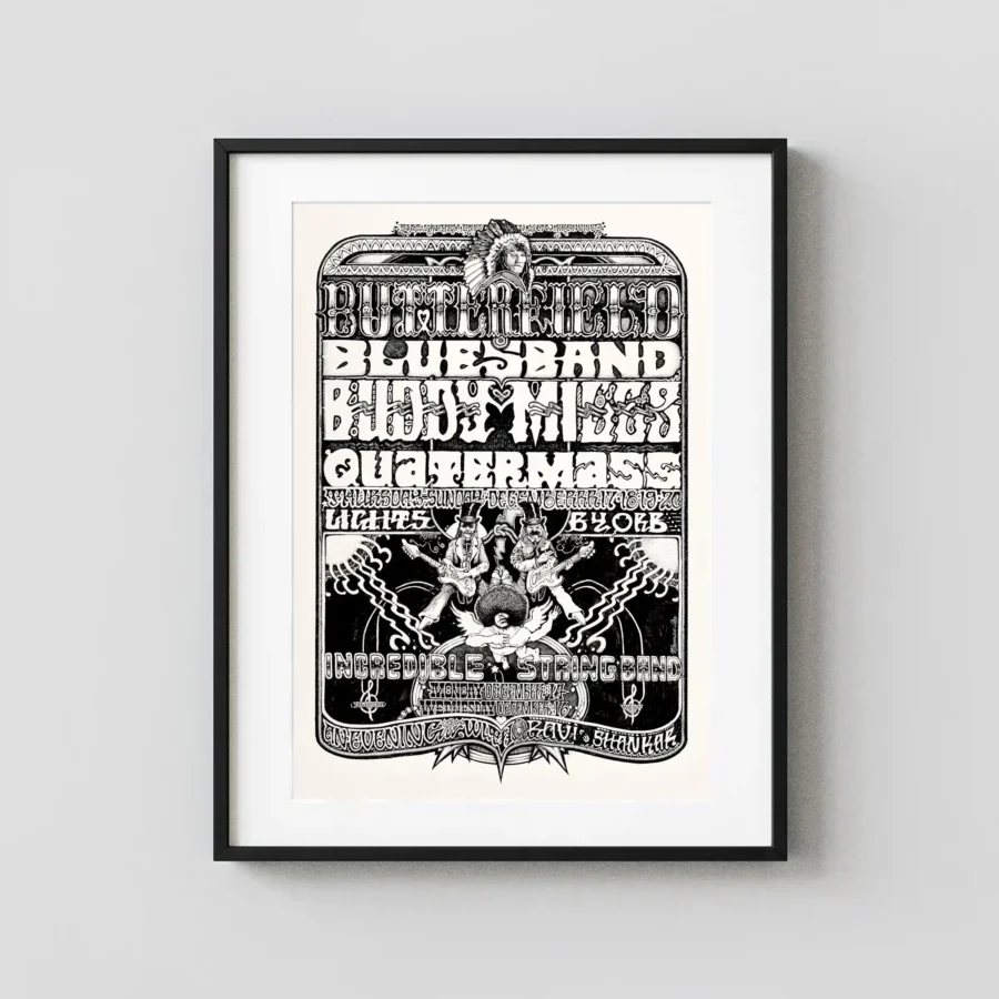 Butterfield Blues Band, Buddy Miles Fillmore West Poster featuring gray, white, and light gray vertical artwork.