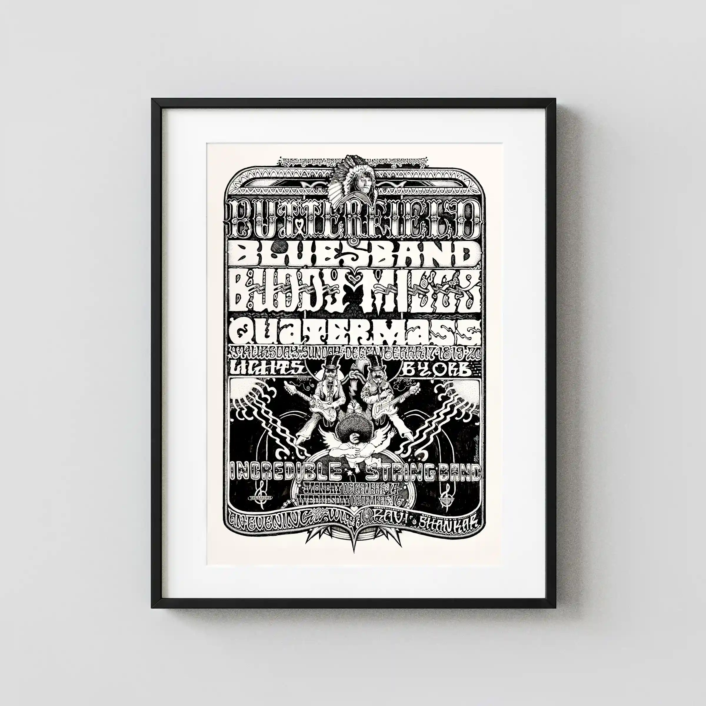 Butterfield Blues Band, Buddy Miles Fillmore West Poster featuring gray, white, and light gray vertical artwork.