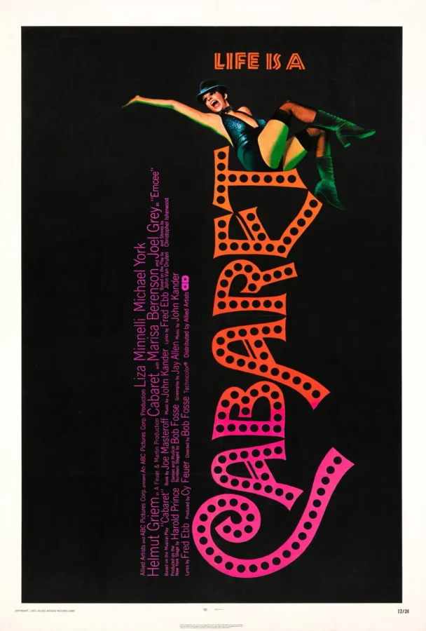Cabaret (Allied Artists, 1972) Music Poster featuring black, white, and charcoal vertical artwork.