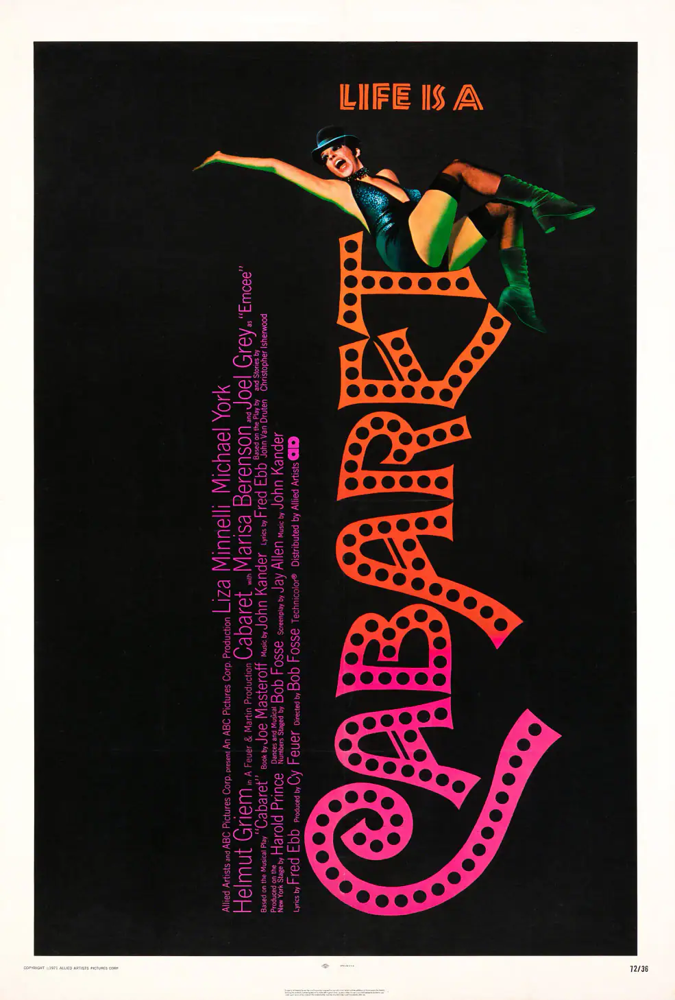 Cabaret (Allied Artists, 1972) Music Poster featuring black, white, and charcoal vertical artwork.