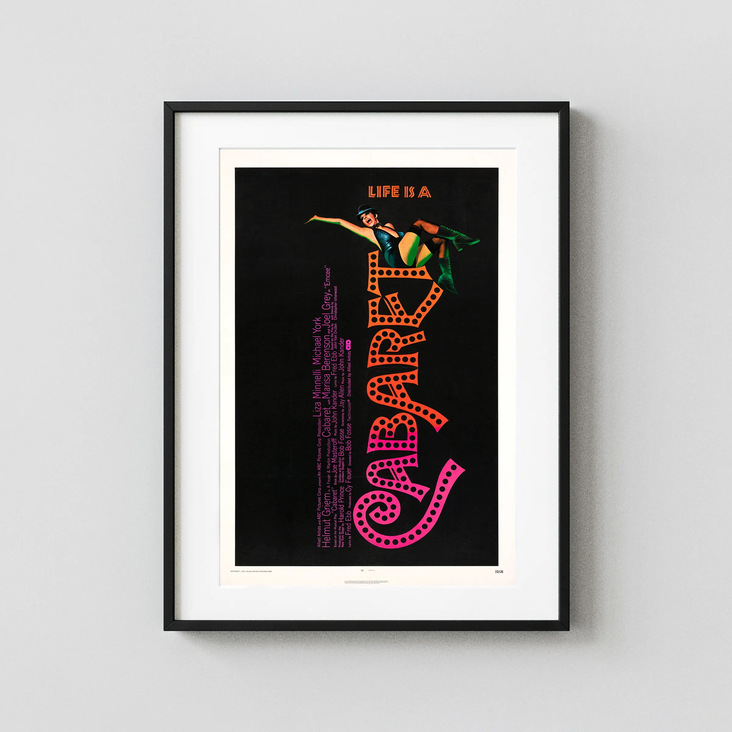 Cabaret (Allied Artists, 1972) Music Poster featuring black, white, and charcoal vertical artwork.