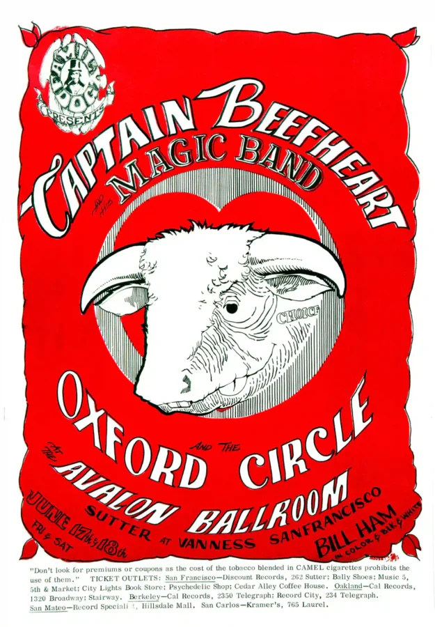 Captain Beefheart & His Magic Band 1966 "Red Bull" Concert Poster featuring red, white, and light gray vertical artwork.
