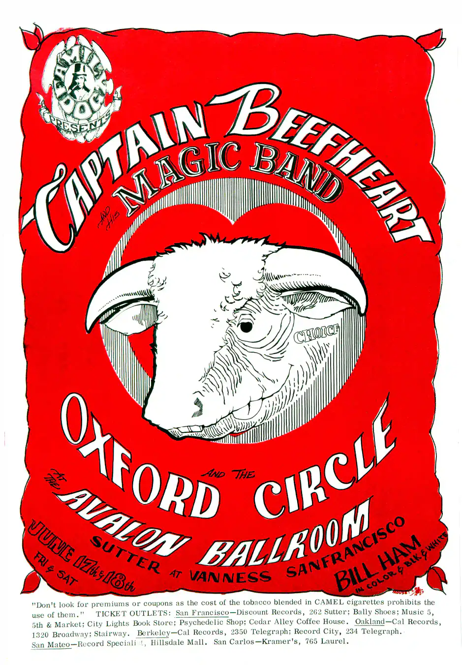Captain Beefheart & His Magic Band 1966 "Red Bull" Concert Poster featuring red, white, and light gray vertical artwork.