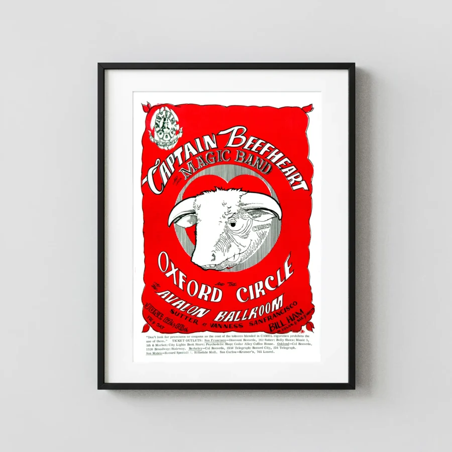 Captain Beefheart & His Magic Band 1966 "Red Bull" Concert Poster featuring red, white, and light gray vertical artwork.