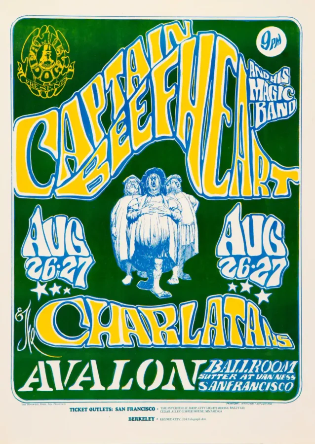 Captain Beefheart & His Magic Band 1966 Concert Poster featuring deep green, rose, and teal vertical artwork.