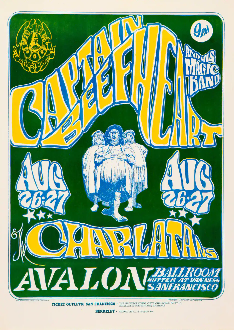Captain Beefheart & His Magic Band 1966 Concert Poster featuring deep green, rose, and teal vertical artwork.