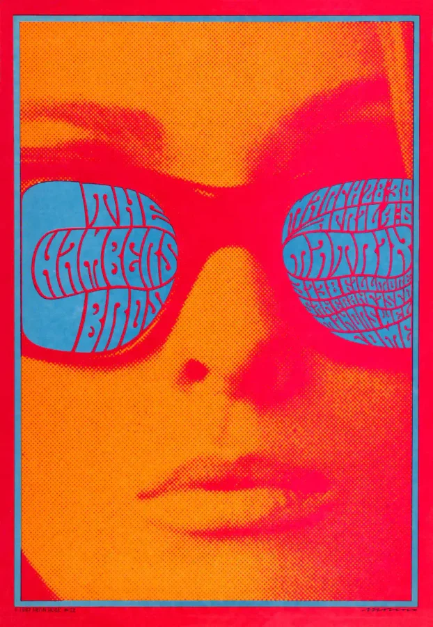 Chambers Brothers 1967 Neon Rose Concert Poster featuring orange, magenta, and red vertical artwork.