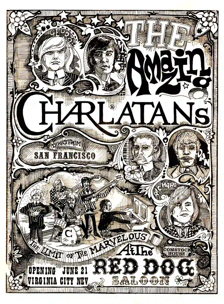 Charlatans 1965 Virginia City, NV "the Seed" Concert Poster featuring gray, white, and light gray vertical artwork.