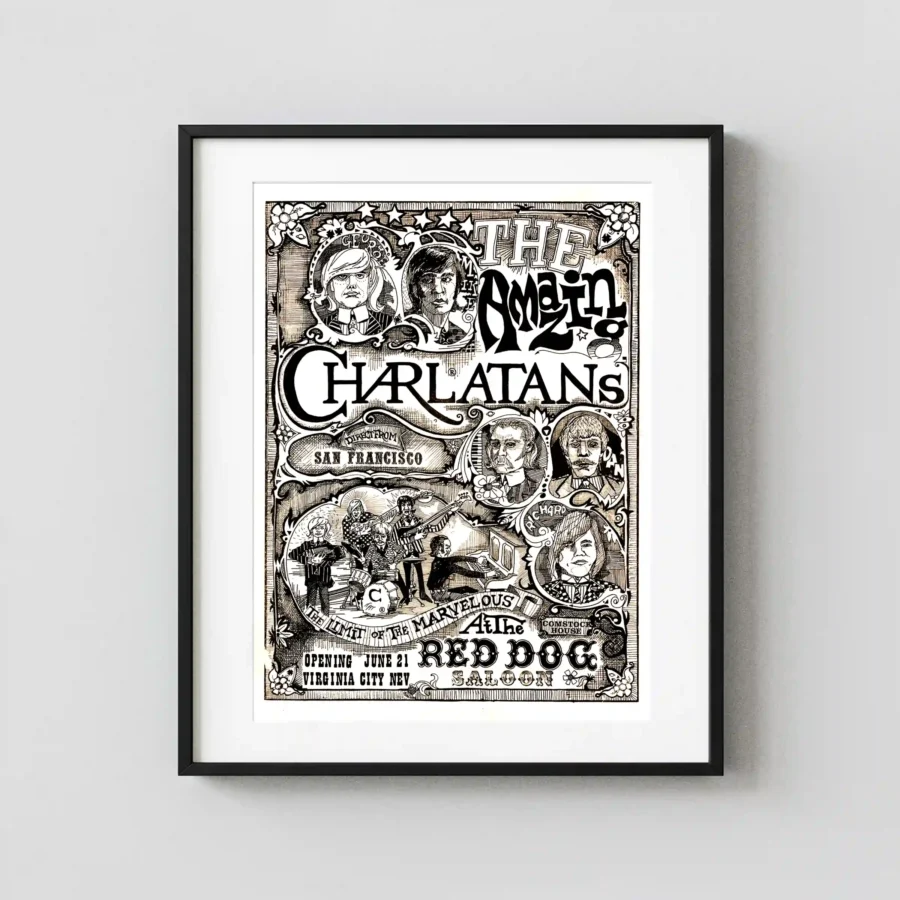 Charlatans 1965 Virginia City, NV "the Seed" Concert Poster featuring gray, white, and light gray vertical artwork.