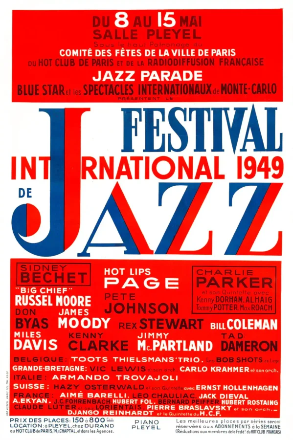 Charlie Parker, Miles Davis Paris International Jazz Festival Poster (1949) featuring white, red, and rose vertical artwork.