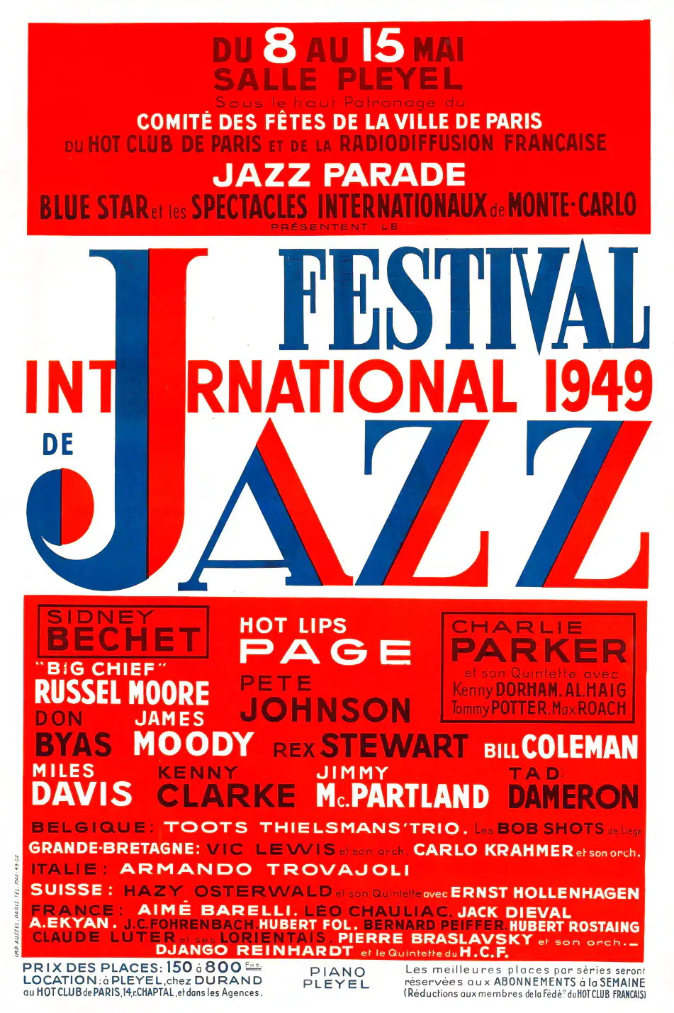 Charlie Parker, Miles Davis Paris International Jazz Festival Poster (1949) featuring white, red, and rose vertical artwork.