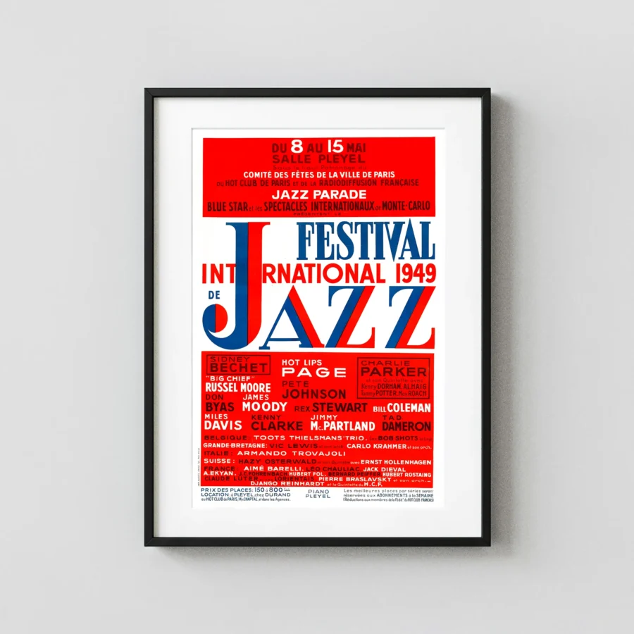Charlie Parker, Miles Davis Paris International Jazz Festival Poster (1949) featuring white, red, and rose vertical artwork.
