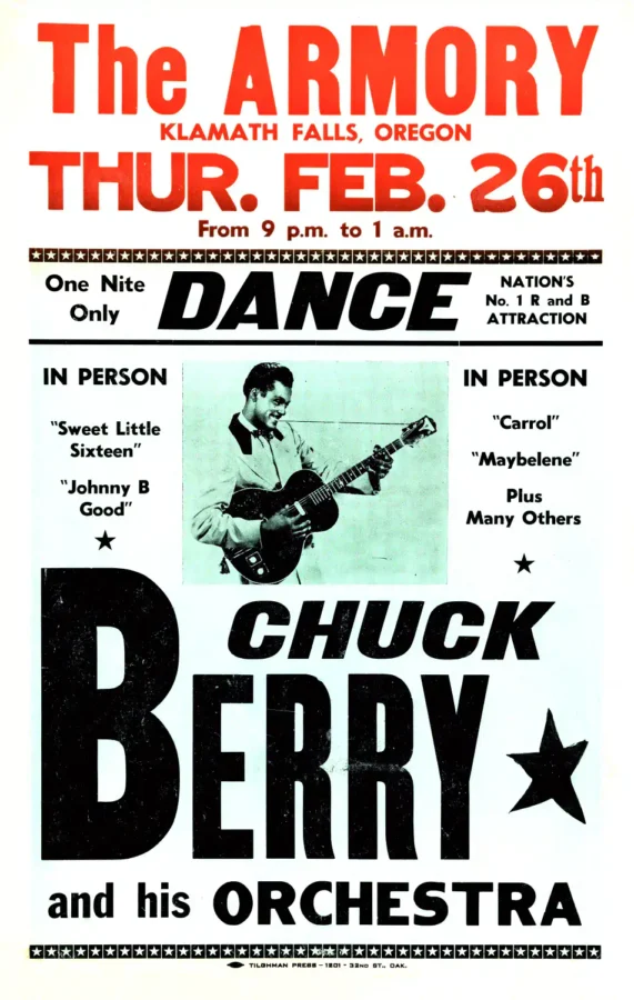 Chuck Berry 1959 Klamath Falls, OR "Johnny B. Goode" Concert Poster featuring white, black, and gray vertical artwork.