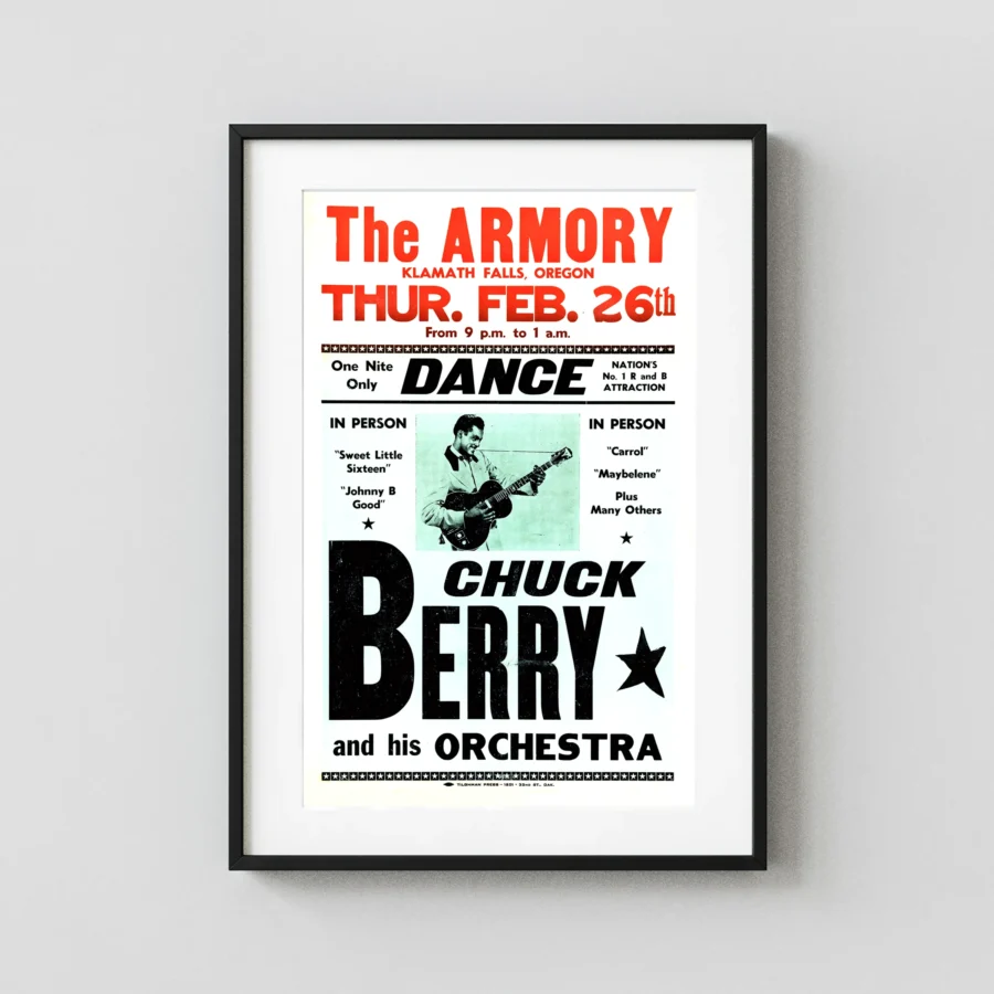 Chuck Berry 1959 Klamath Falls, OR "Johnny B. Goode" Concert Poster featuring white, black, and gray vertical artwork.
