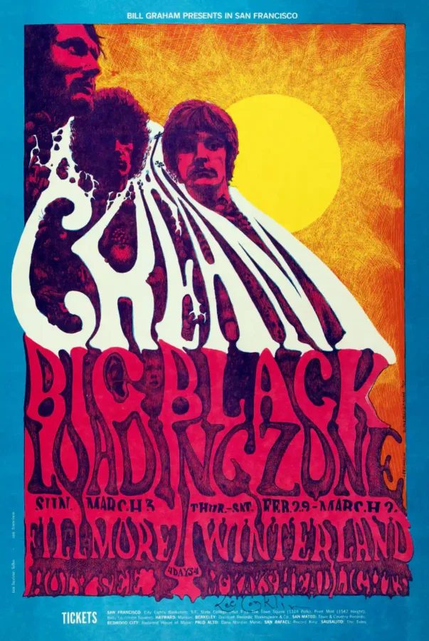 Cream 1968 Winterland & Fillmore Concert Poster featuring yellow, magenta, and white vertical artwork.