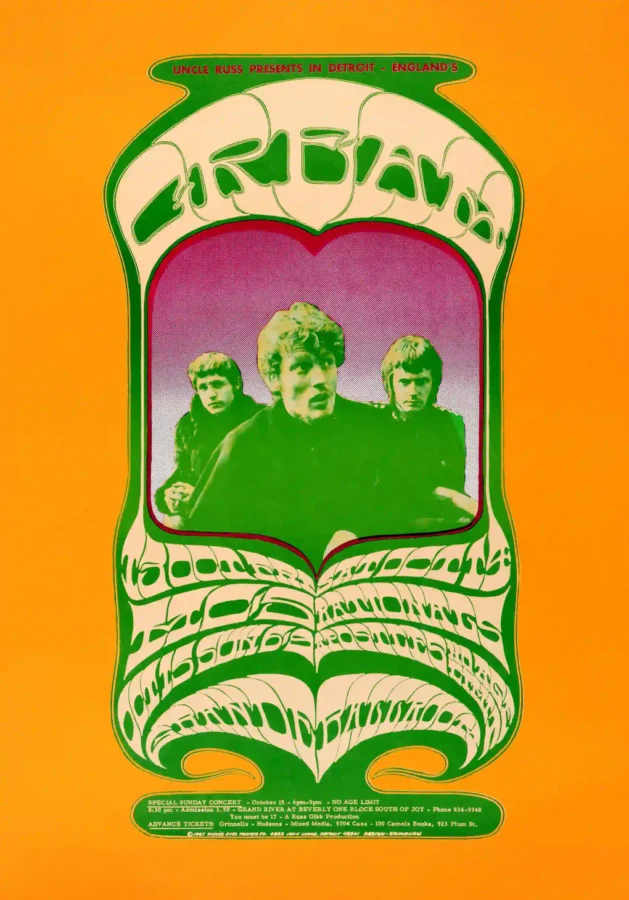 Cream (Eric Clapton) 1967 Grande Ballroom, Detroit Concert Poster featuring yellow, white, and deep green vertical artwork.
