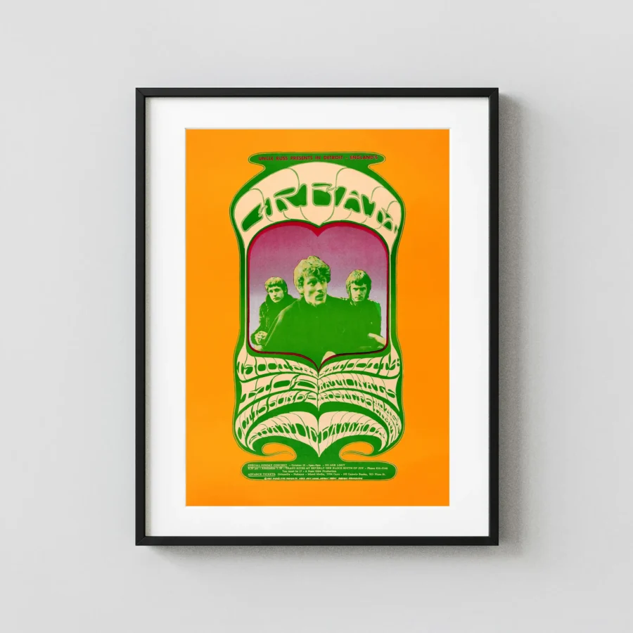 Cream (Eric Clapton) 1967 Grande Ballroom, Detroit Concert Poster featuring yellow, white, and deep green vertical artwork.