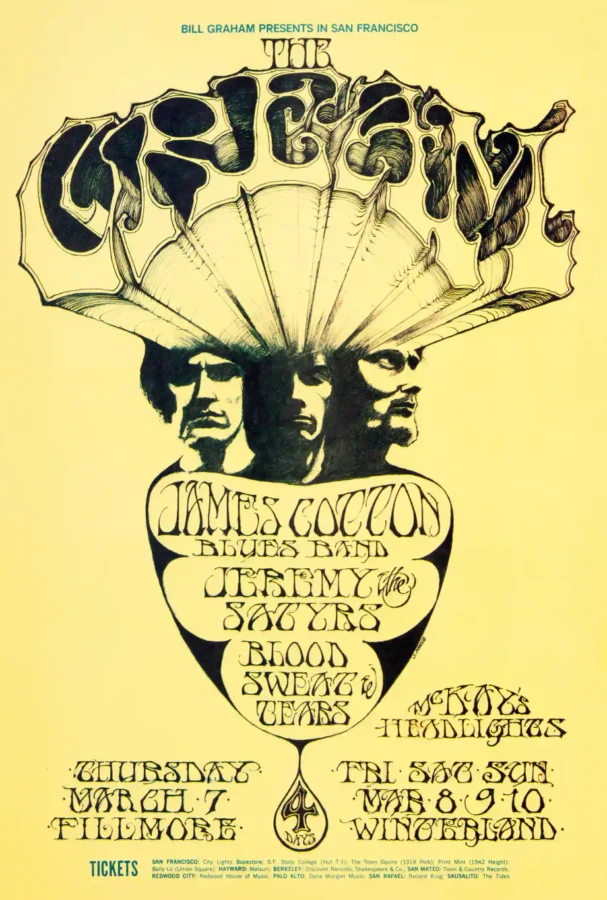 Cream (Eric Clapton) 1968 Fillmore, Winterland Concert Poster featuring cream, yellow, and white vertical artwork.