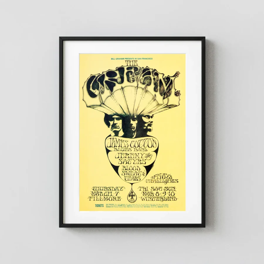 Cream (Eric Clapton) 1968 Fillmore, Winterland Concert Poster featuring cream, yellow, and white vertical artwork.