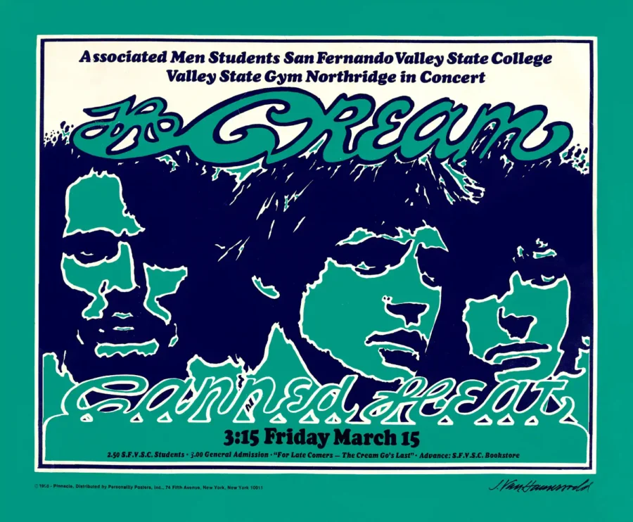 Cream (Eric Clapton) 1968 Los Angeles College Campus Concert Poster featuring white, navy, and teal vertical artwork.