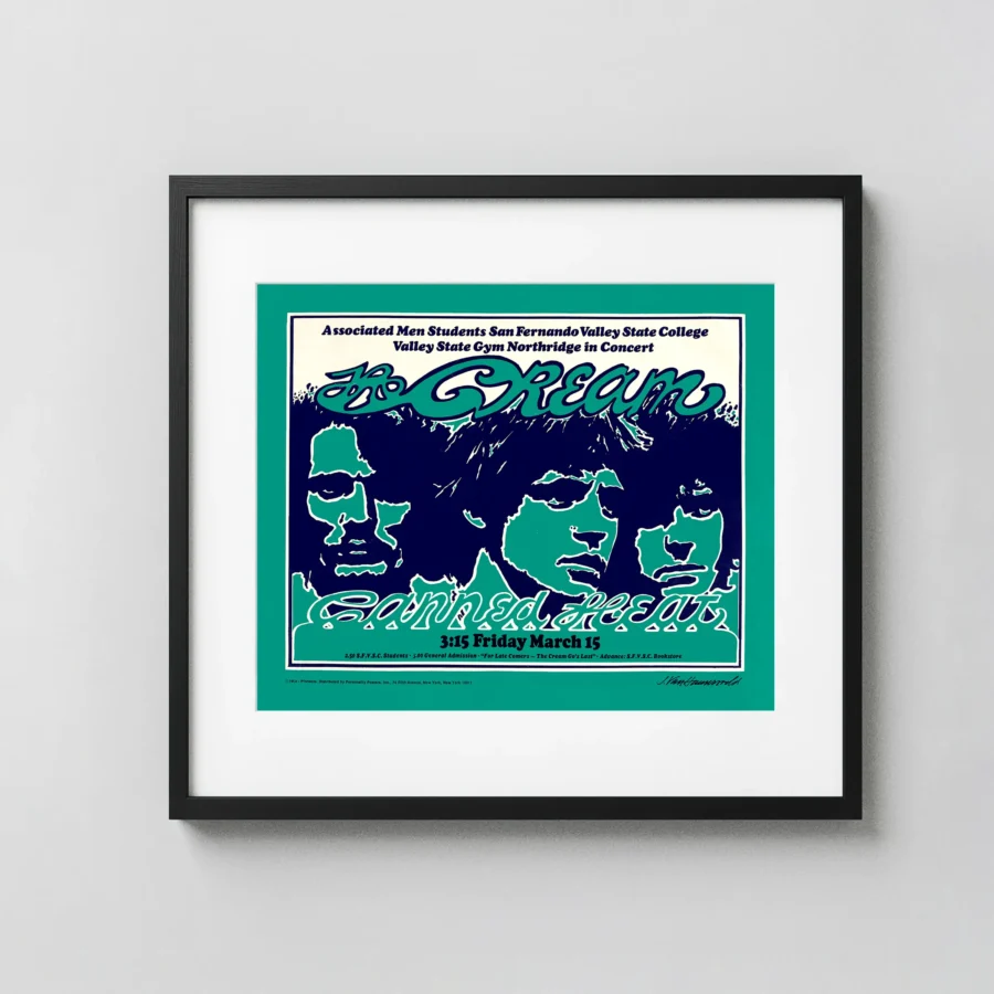 Cream (Eric Clapton) 1968 Los Angeles College Campus Concert Poster featuring white, navy, and teal vertical artwork.