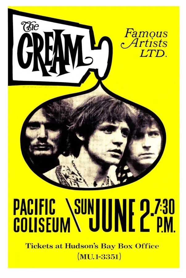 Cream (Eric Clapton) 1968 Vancouver, B.C., Canada Concert Poster featuring yellow, white, and black vertical artwork.