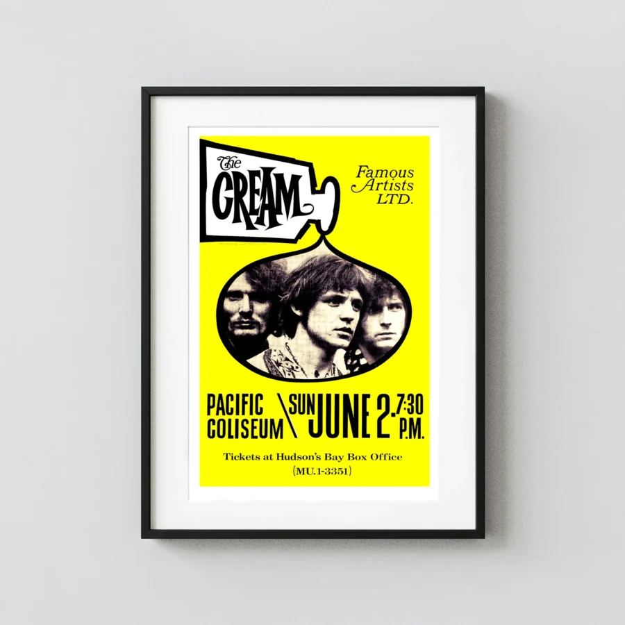 Cream (Eric Clapton) 1968 Vancouver, B.C., Canada Concert Poster featuring yellow, white, and black vertical artwork.