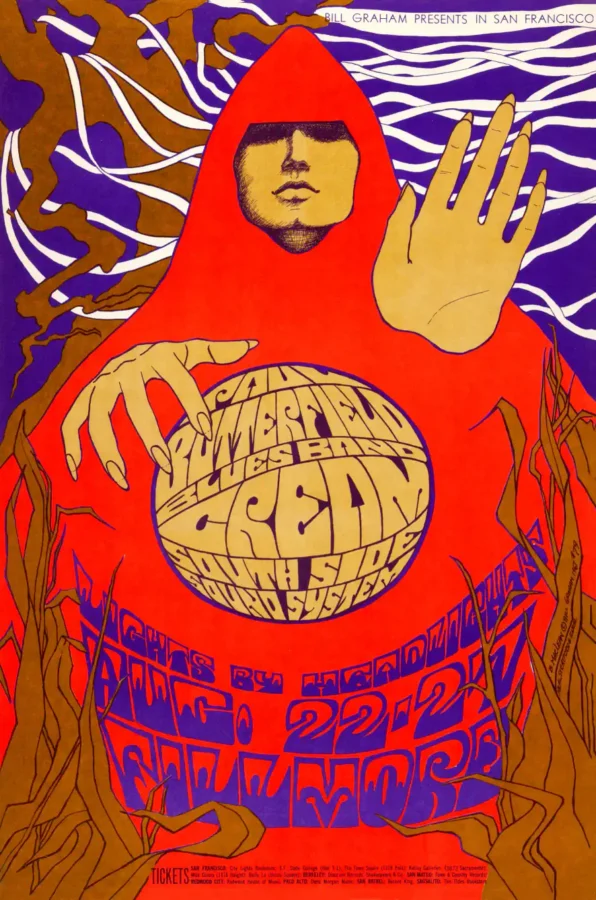 Cream, Paul Butterfield Blues Band 1967 Fillmore Poster featuring red, brown, and white vertical artwork.