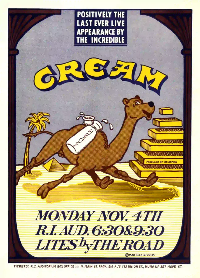 Cream with Eric Clapton 1968 Final U.S. Show Concert Poster featuring gray, white, and yellow vertical artwork.