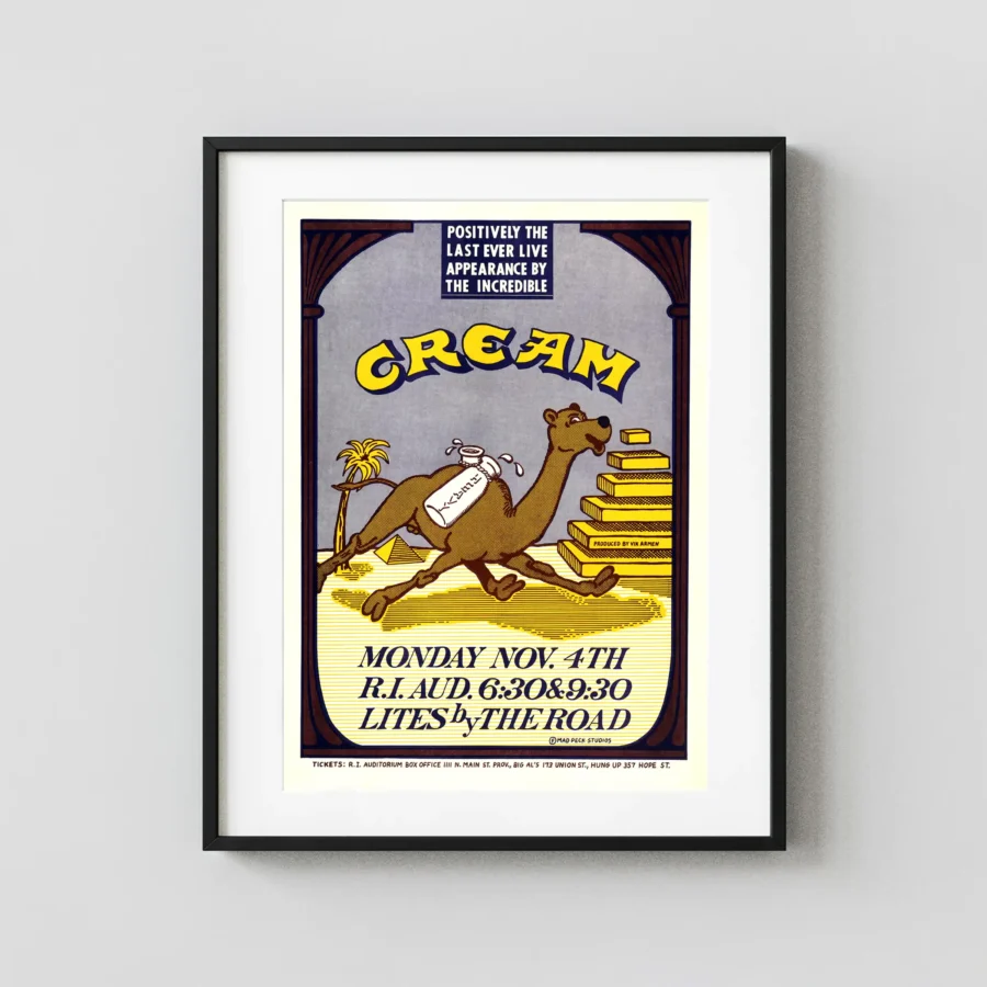 Cream with Eric Clapton 1968 Final U.S. Show Concert Poster featuring gray, white, and yellow vertical artwork.