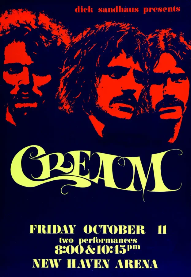 Cream with Eric Clapton 1968 New Haven, CT Farewell Tour Concert Poster featuring black, white, and red vertical artwork.